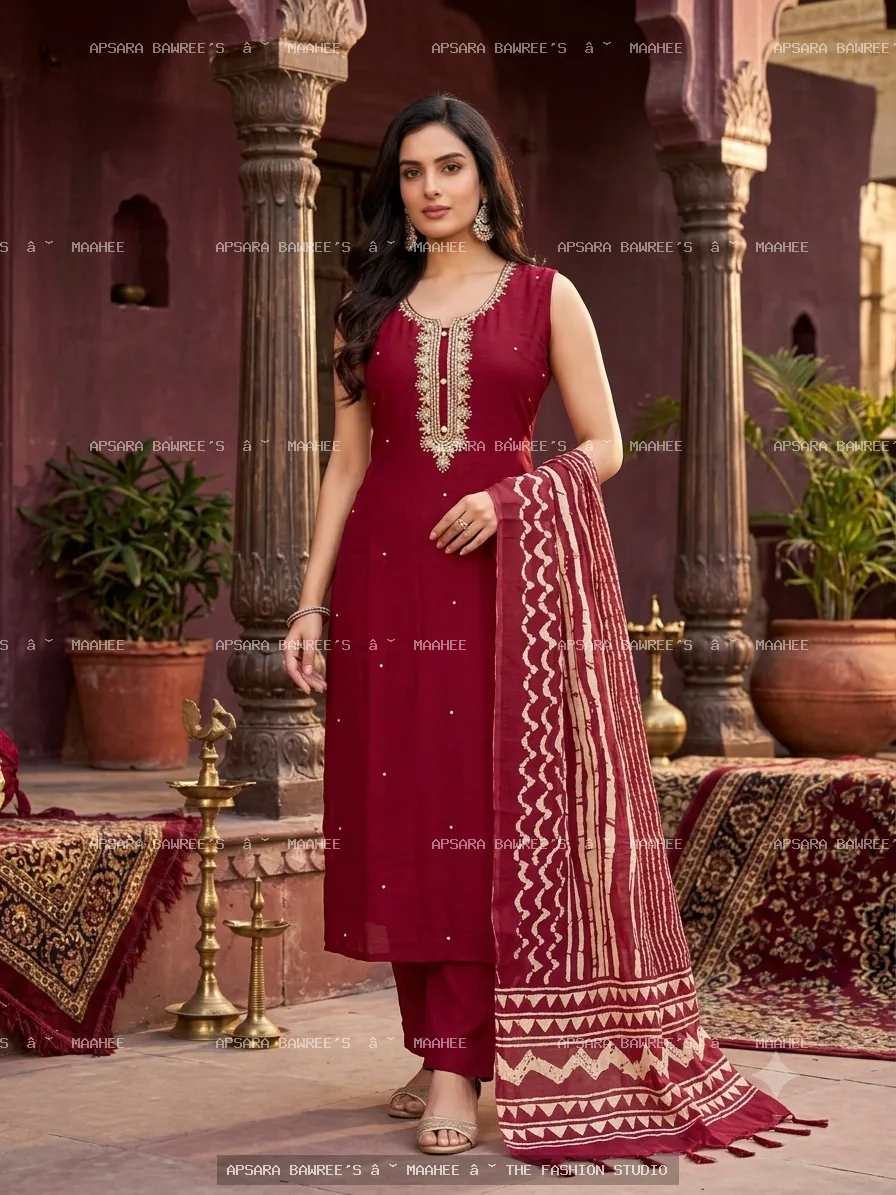 VC SILK RED COLOR WITH PRINTED DUPATTA